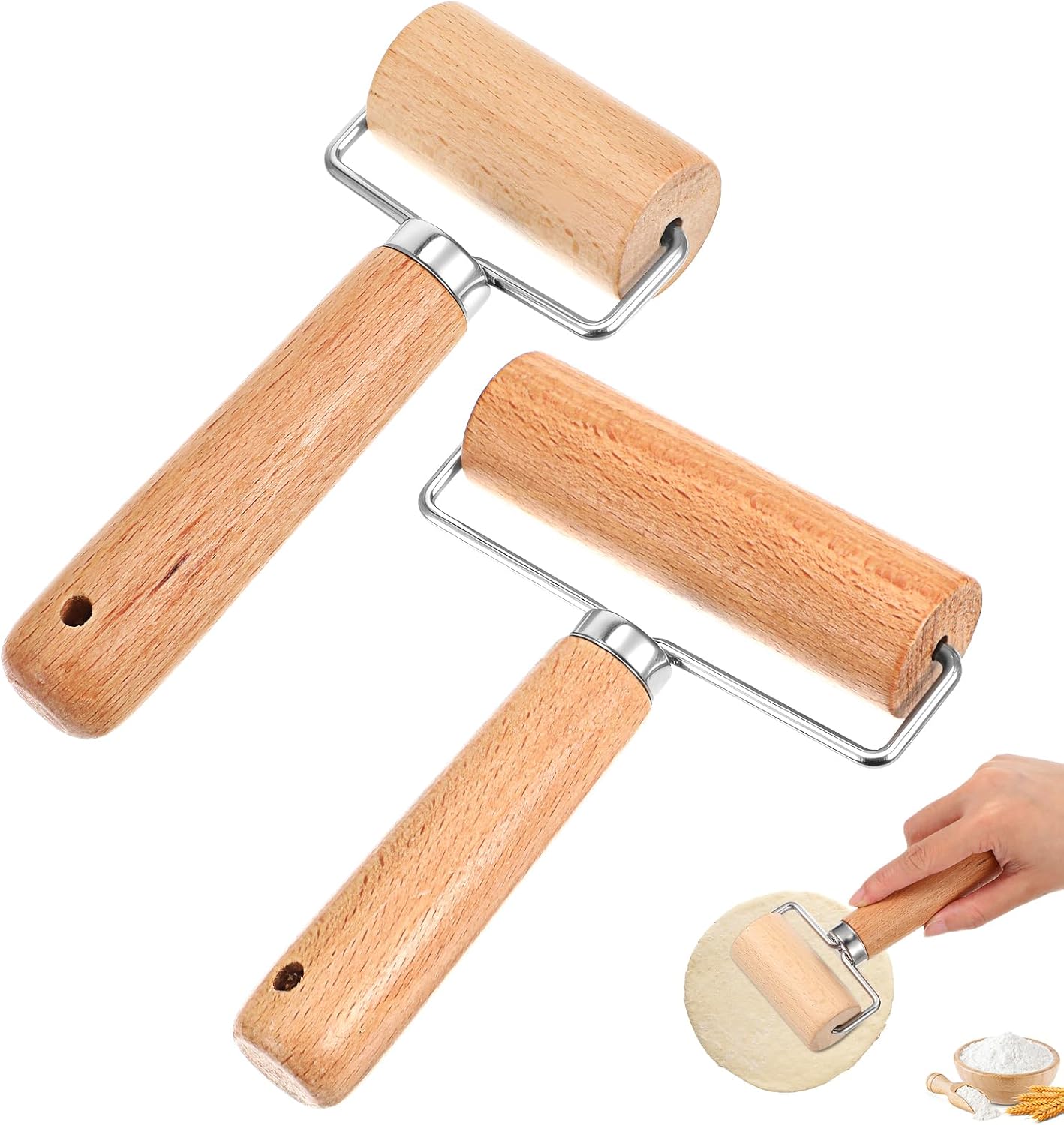 2 Pcs Baking Wooden Rolling Pins T-shape Pizza Dough Roller Pin Non-Stick Baker Pastry Roller Set for Tortilla Cookie Dumpling Home Kitchen Baking Cooking