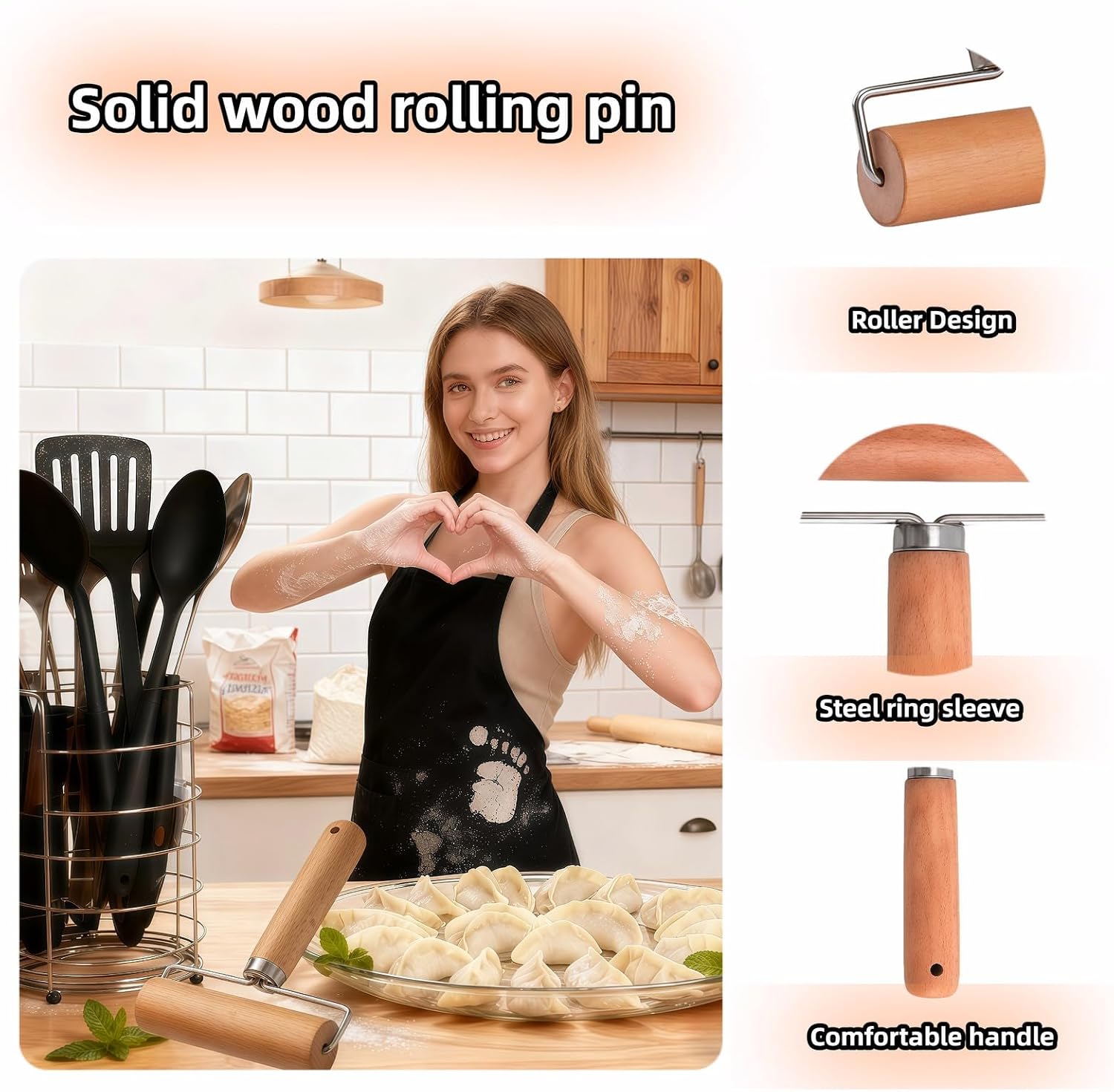 Wooden Rolling Pin Set - Non-Stick Pizza & Dough Roller, Ergonomic Bakery Tool for Cookies, Pie, Bread Dough | Heavy Duty, Easy Clean, Compact Storage | Kitchen Gadget Essential