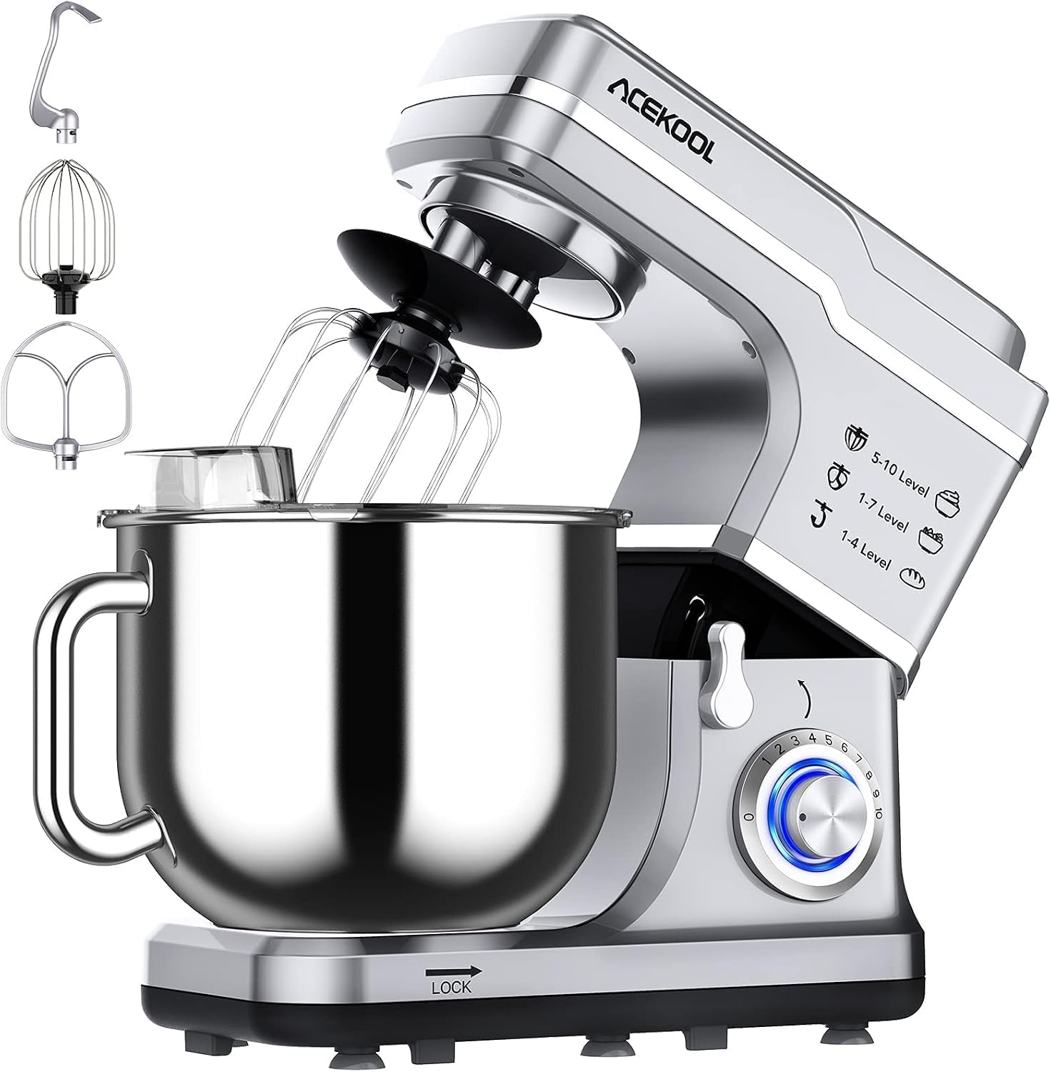 Garvee 6.7L Stand Mixer, 660W Electric Kitchen Mixer, 10 Speeds, Silver